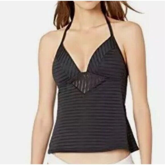 Kenneth‎ Cole New York Womens Stripe Halter Backless Tankini Top Black Medium - Picture 1 of 5